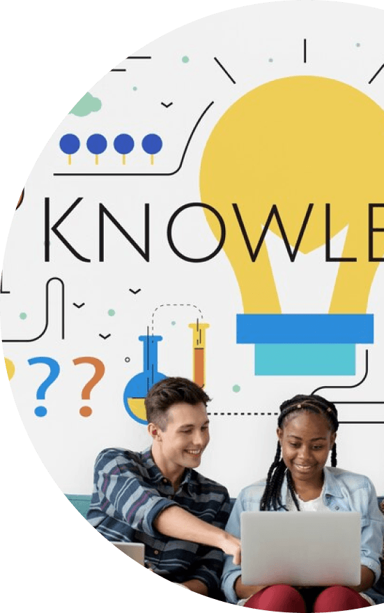 Two people looking at a laptop with a background of knowledge-related icons